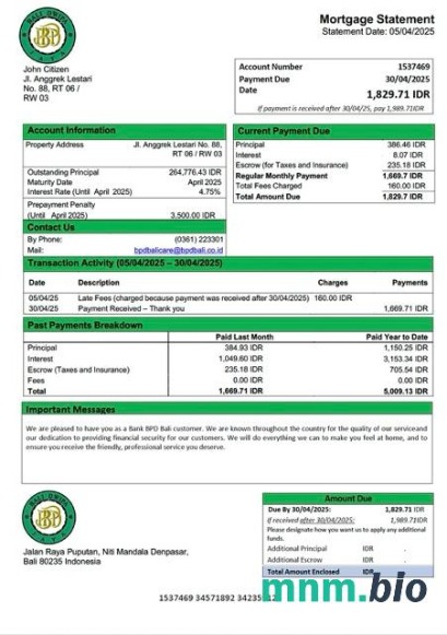 Indonezja Bank BPD Bali wyciąg z kredytu hipotecznego szablon Word i PDF